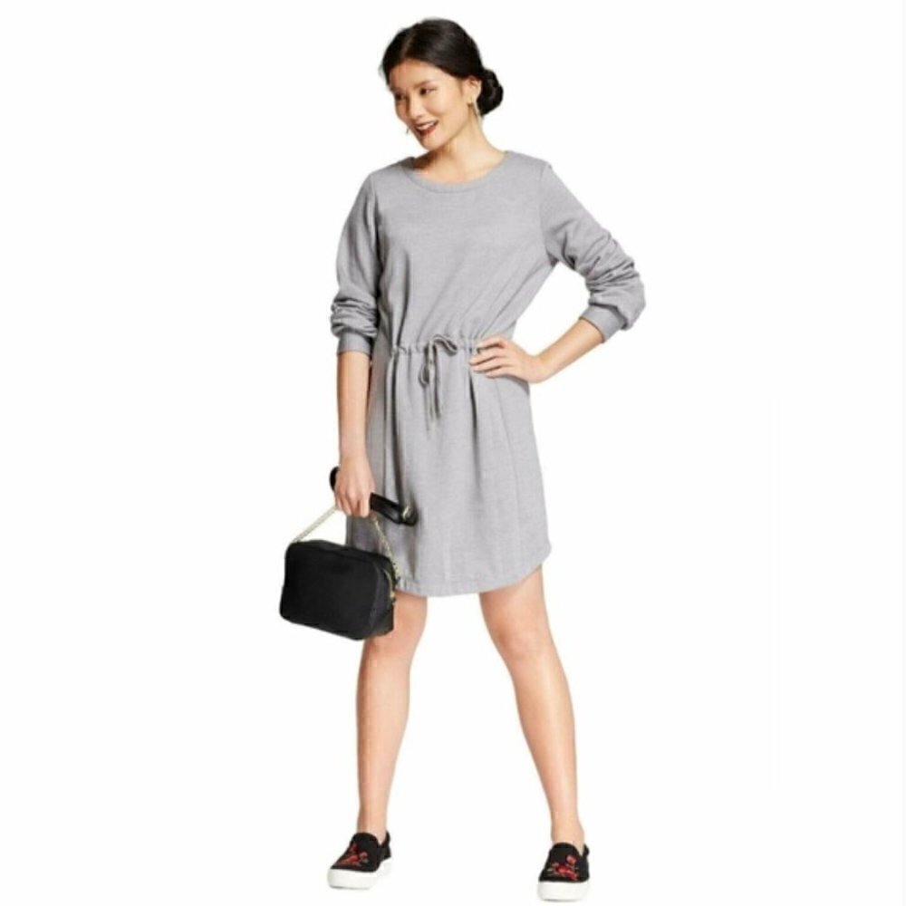 A New Day Sweatshirt Mini Dress S Tie Waist Fleece Lined Gray Cozy Spring Warm